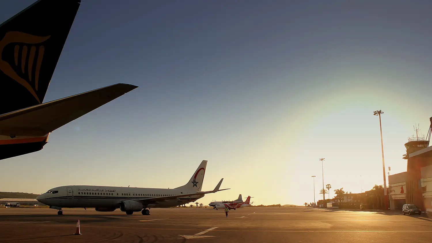 Aircraft at Tangier Ibn Battouta Airport at sunset