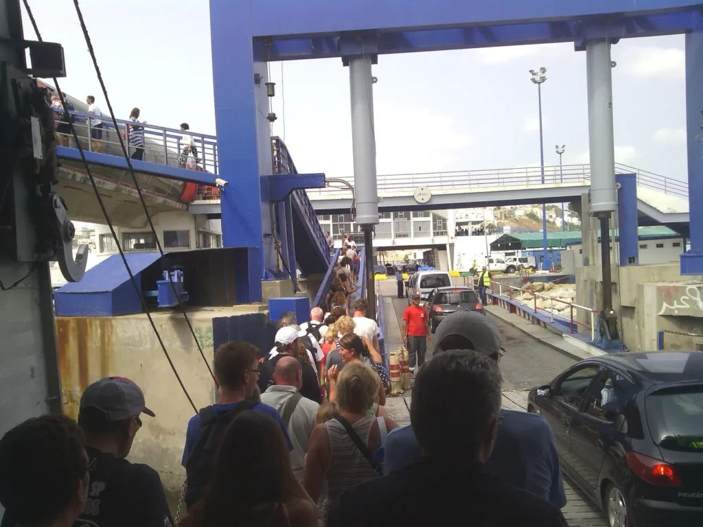 Passengers boarding the ferry from Tarifa to Tangier, the quickest ferry from Spain to Tangier