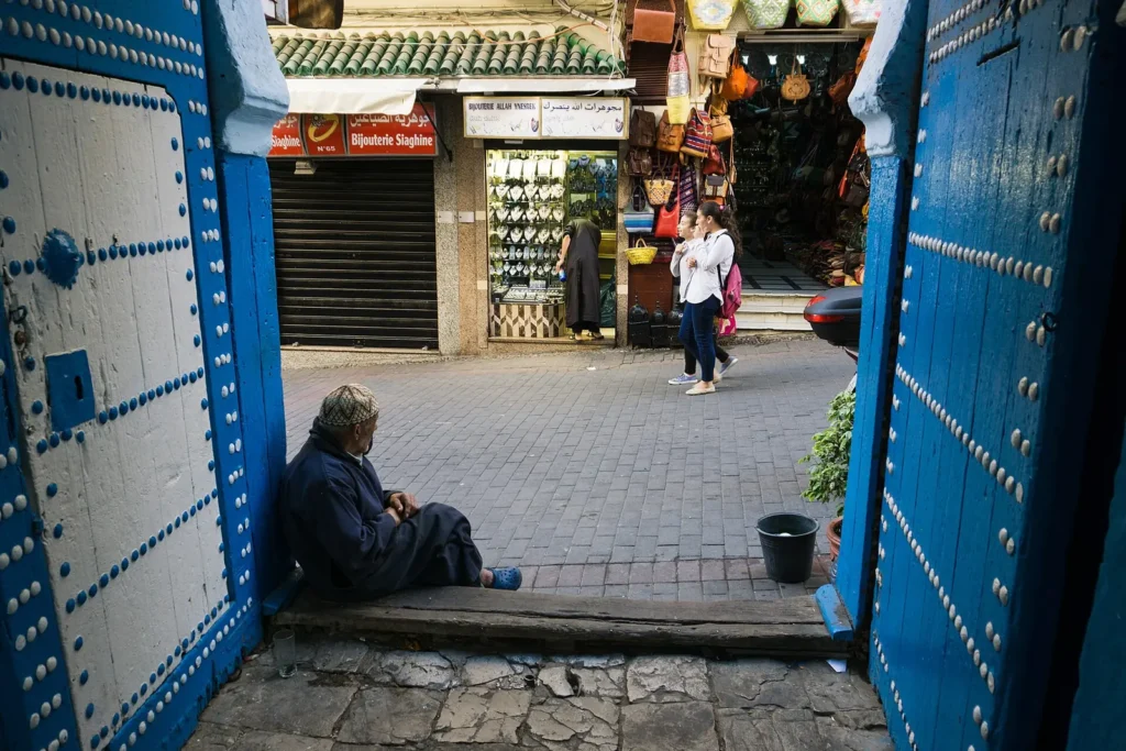 Blue doors in the medina of Tangier, where a one day in Tangier itinerary begins on foot