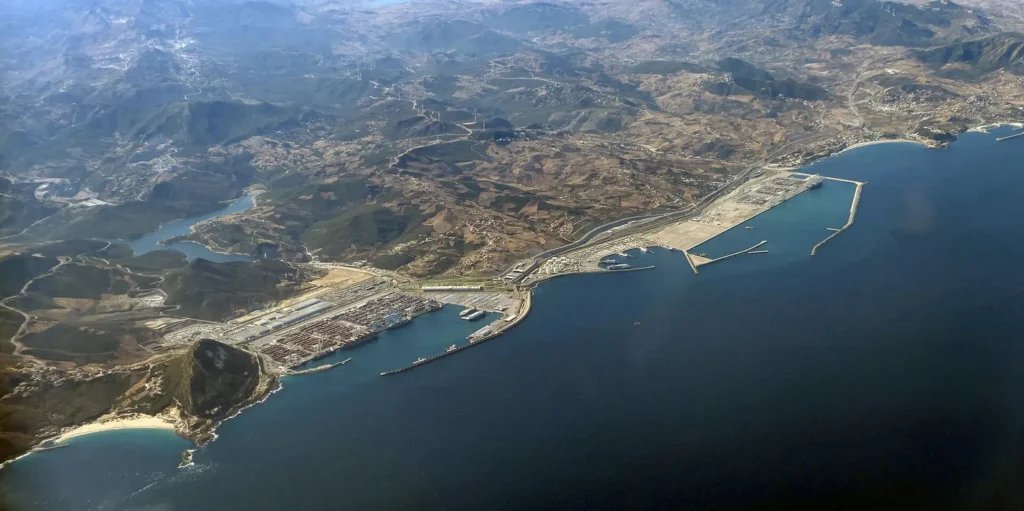 Aerial view of Tanger Med port, where you can rent a car after the ferry